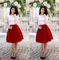 Set chân váy xòe màu đỏ áo ren tay lửng đơn giản xinh xắn DM24